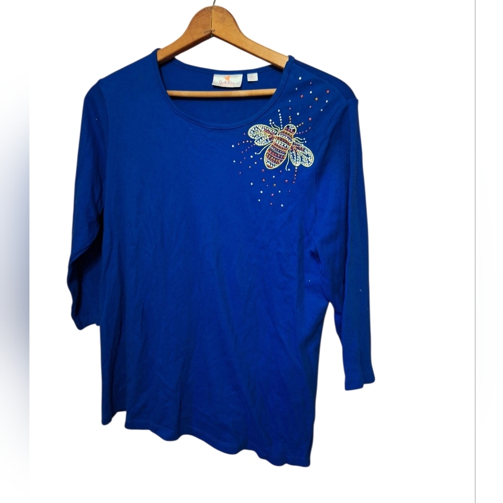 Quacker Factory Royal Blue Bee Embellished Top Large Whimsical ART to WEAR FLY - Picture 2 of 5
